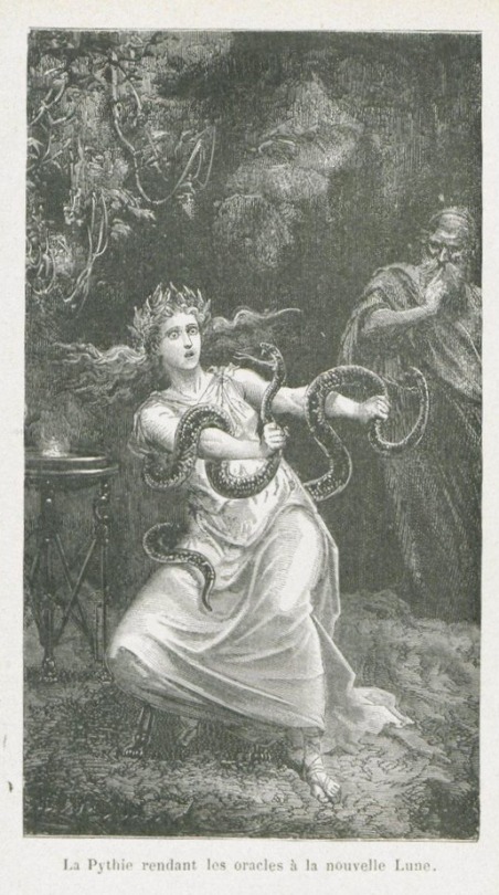 Emile Bayard, Pythia - the priestess at Delphi - making oracles at the new moon. Histoire de la lune. 1886.