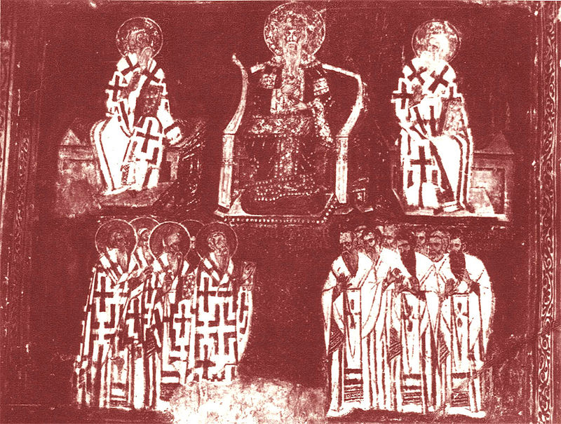 Nemanjin_sabor, Council against Bogomilism, organized by Stefan Nemanja. Fresco from 1290