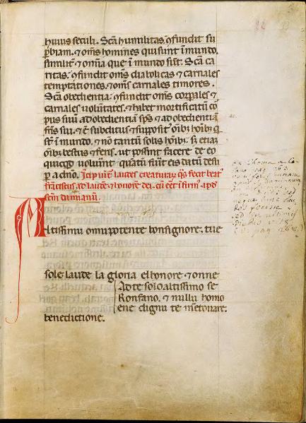 La più antica stesura del Cantico di Francesco che si conosca, quella riportata nel Codice 338, f.f. 33r - 34r, sec. XIII, custodito nella Biblioteca del Sacro Convento di San Francesco, Assisi