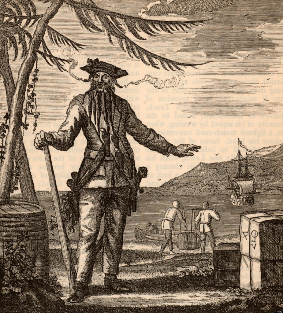 Blackbeard, the popular name of Edward Teach (or Thatch or Drummond - 1680-1718) notorious English pirate who subjected the Carribean Sea to a reign of terror from 1716 to 1718. Engraving.