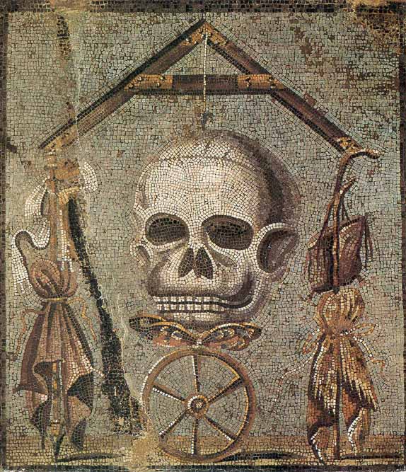 Mosaico di epoca romana con teschio. Napoli, Museo Archeologico Nazionale