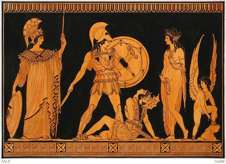 Achille uccide Pentesilea sulla piana di Troia, con Atena, Afrodite ed Eros, pittura vascolare a figure rosse, Grecia antica