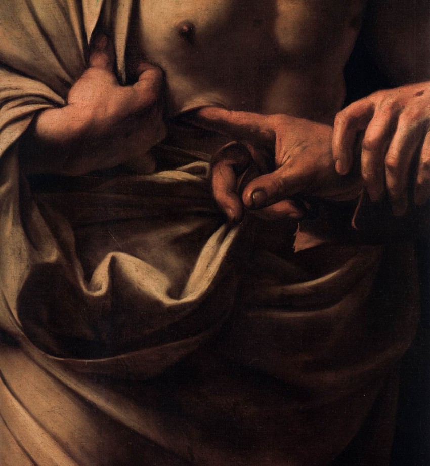 Caravaggio, Incredulità di San Tommaso, dettaglio 1600- 1601-Potsdam, Bildergalerie