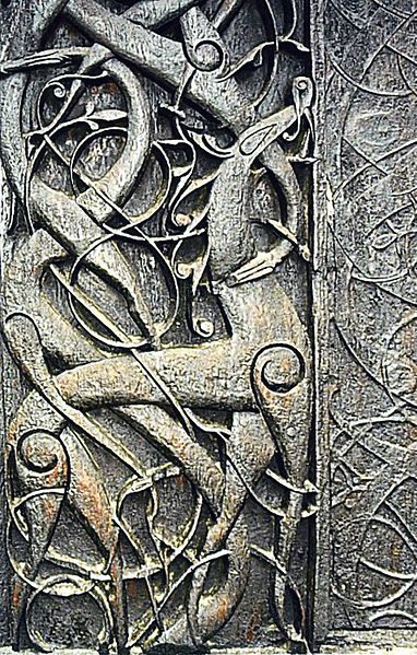 Ragnarok, end of the world in the Nordic mythology, stranded snakes and dragons on the northern gate of stavkirke in Urnes, XI century