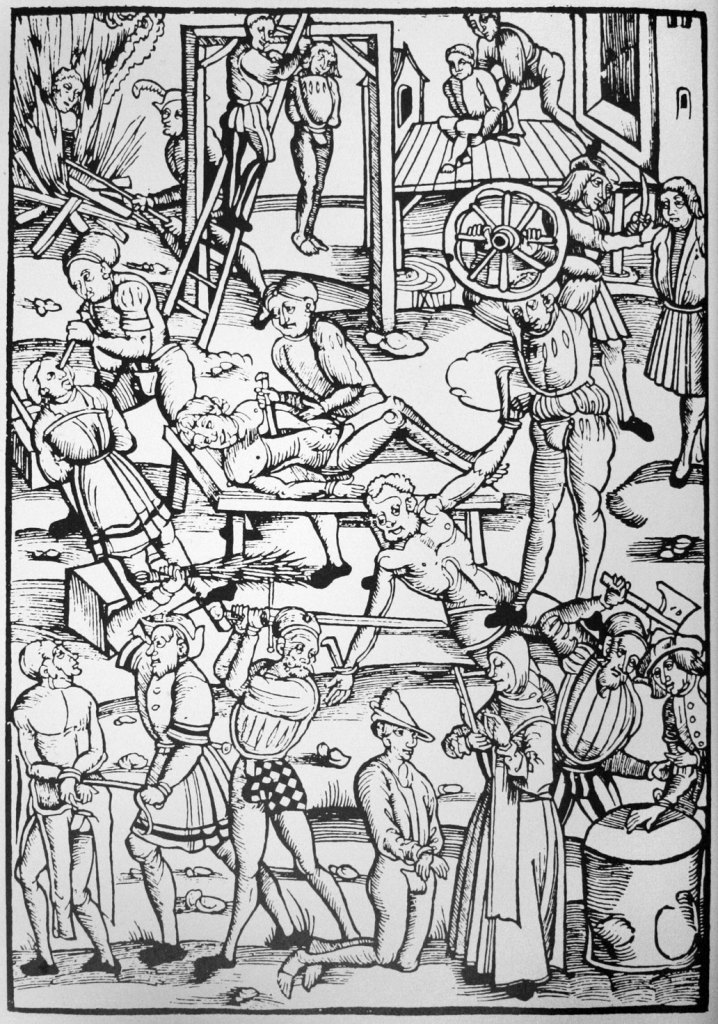 Punishments for witchcraft in 16th-century Germany. Woodcut from Tengler's Laienspiegel, Mainz, 1508.