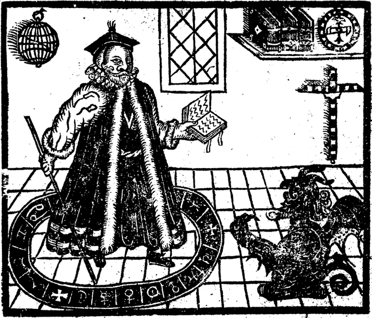 Woodcut from late (1620) edition of Marlowe's famous play depicts Dr. Faustus summoning the Devil from his magic circle
