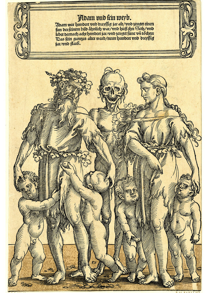 Adam and his wife, children and Death Woodcut made by Sebald Beham, Printed in Nuremberg, 1530. 'Adam and his wife.