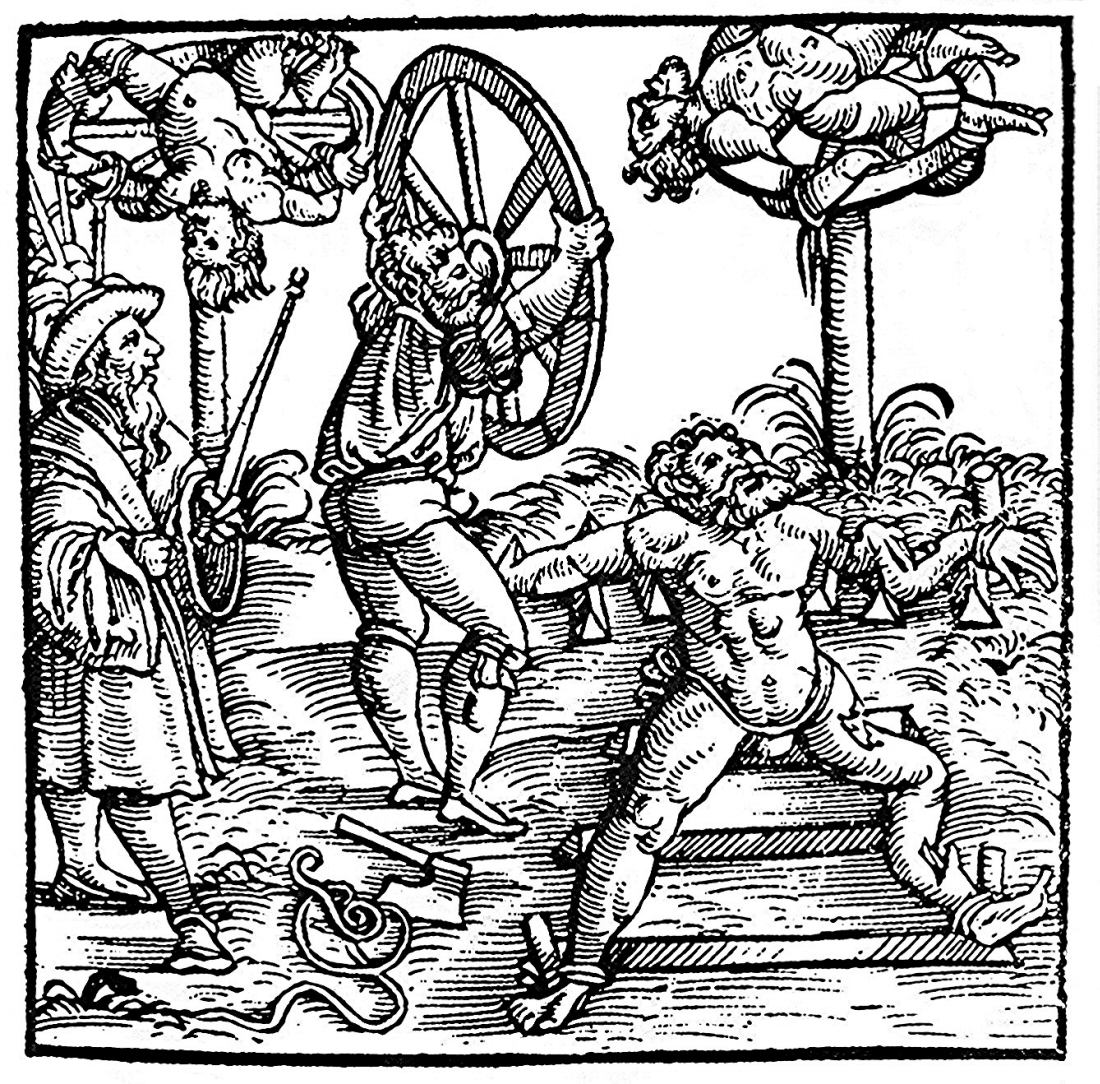 Darstellung des Räderns in einem Holzstich von 1586