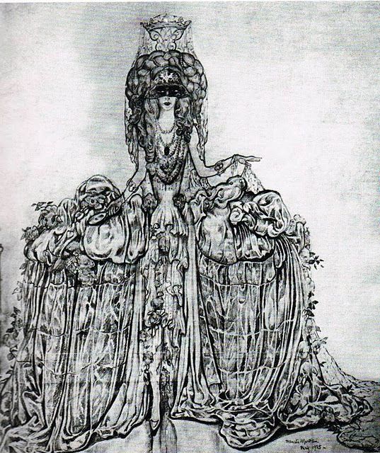 Luisa Casati dressed as the Comtesse de Castiglione. Drawing by A. Martini, 1925; Costume by Erté for the famous Bal du Grand Prix in 1924.
