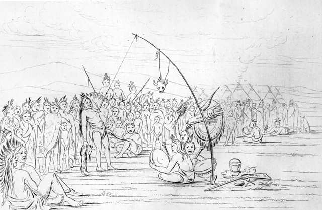 La danza del sole presso i Sioux. Incisione di George Catlin (1851)
