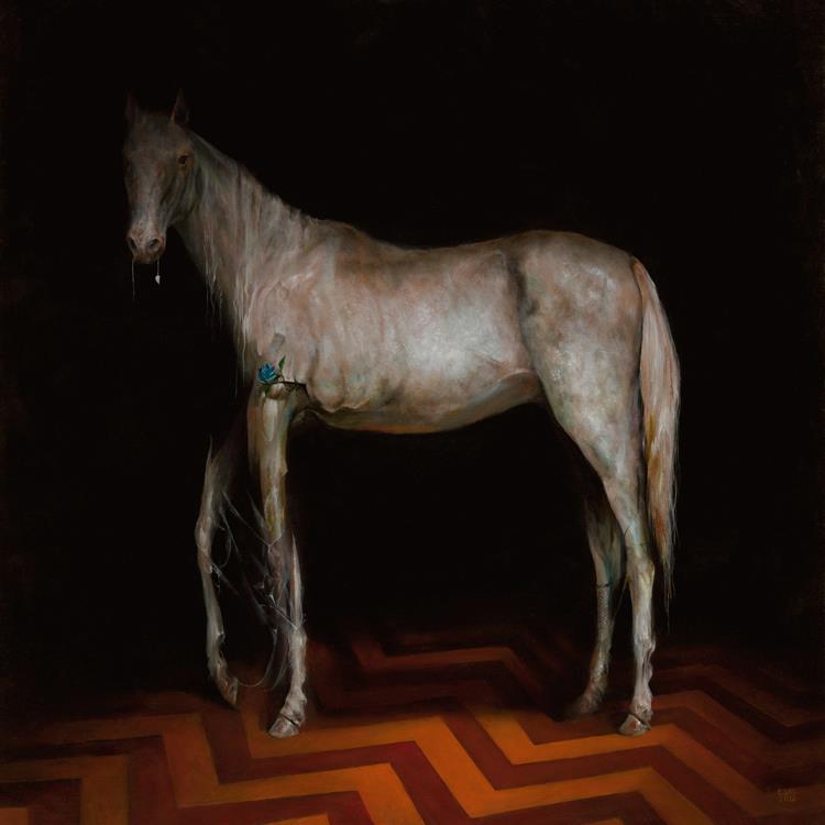 White Horse by Esao Andrews - 18 x 18 oil on wood. From the Twin Peaks Fire Walk With Me 20th Anniversary group art exhibition at the Copro Nason Art Gallery, Santa Monica,