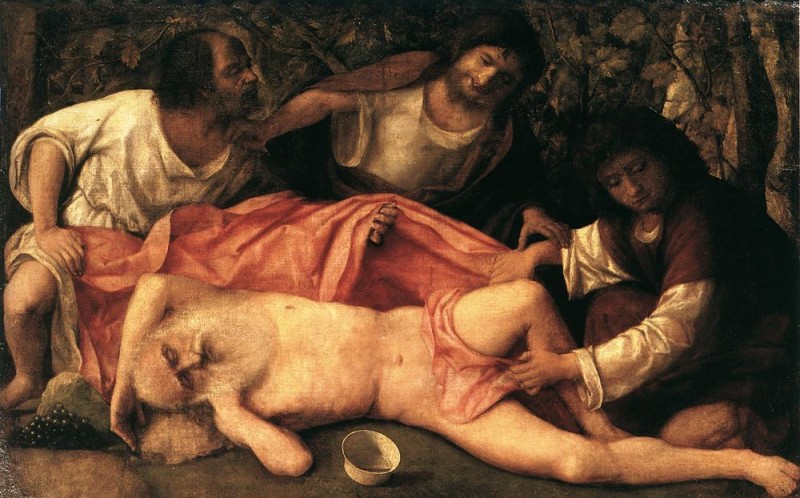 Giovanni Bellini, Derisione di Noè (1515), olio su tela, 103x157 cm, Musée des Beaux-Arts Besançon