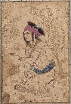youth kneeling holding a wine cup 17s , persian art