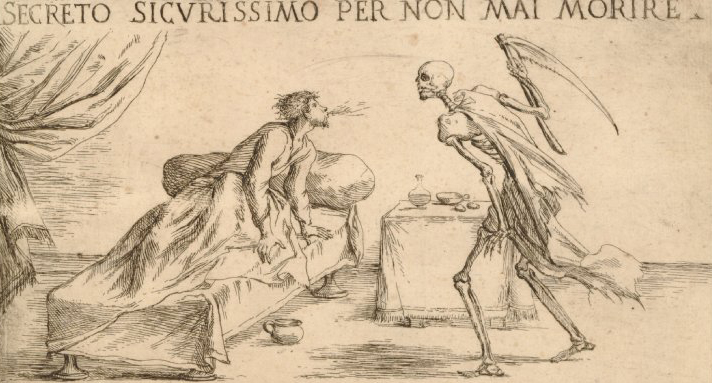 Giuseppe Maria Mitelli, Death as a skeleton attacks with his scythe a man in bed who blows at him, 1706