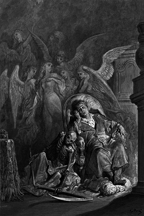 Gustave Doré, The Raven by Edgar Allan Poe Plate 6 Vainly I had Sought to Borrow, 1882