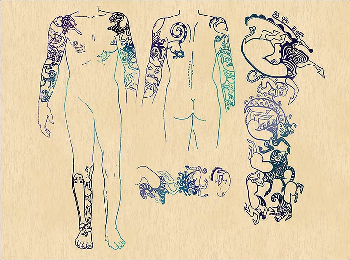 Il “capo” tatuato. Disegni di Elena Shumakova, Institute of Archeology and Ethnography, Siberian Branch of Russian Academy of Science