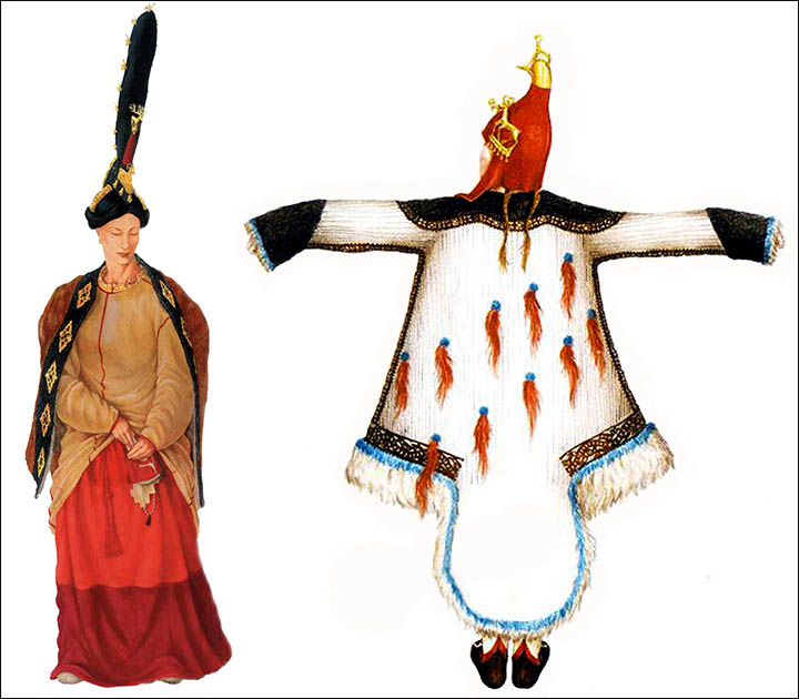 reconstructions of Pazyryk woman's and man's costumes. All items were found inside 'Princess' Ukok burial.